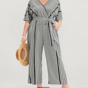 Geometric Contrast Dolman Sleeve Pocket Belted Wrap Jumpsuit
